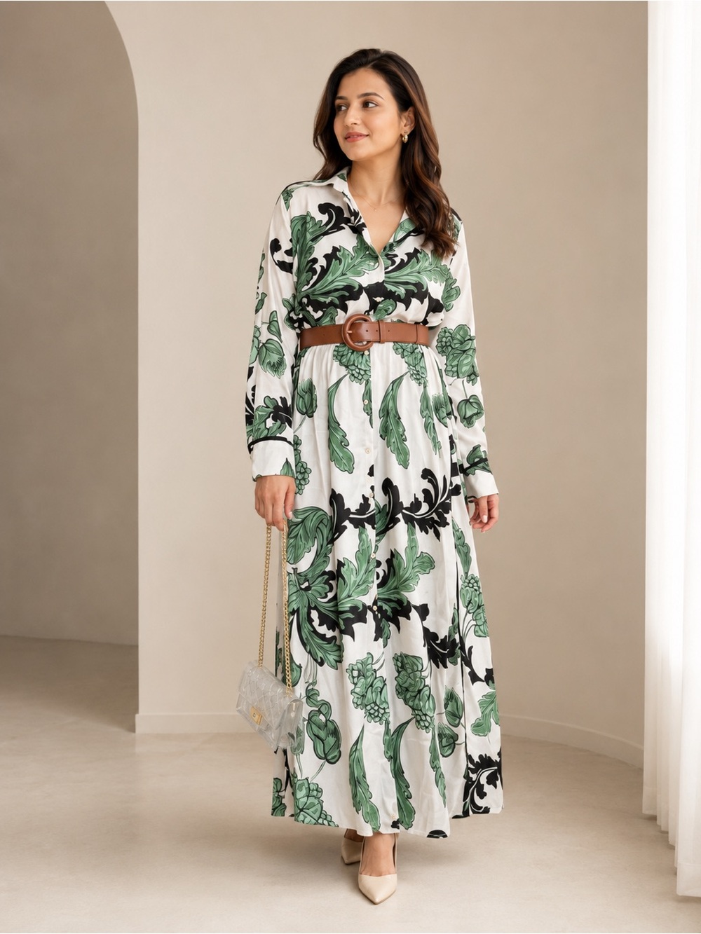 Midi dress long sleeve floral white green black belt button down
